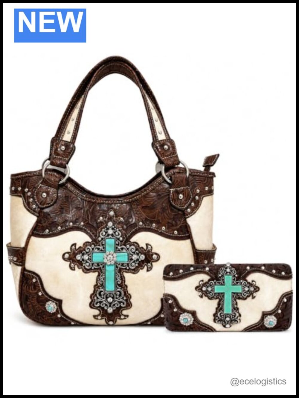 Turquoise Western Crossbody Purse with Matching Wallet Set Faux Leather